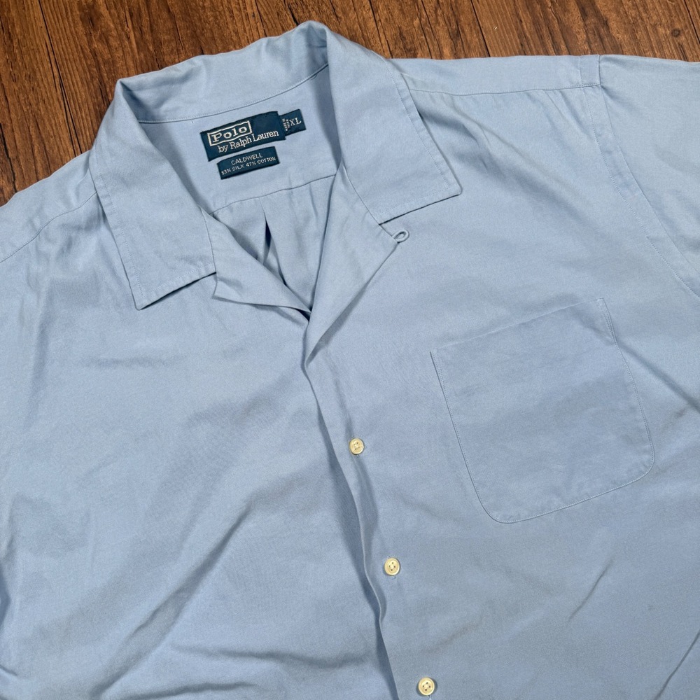 Vtg Polo Ralph Lauren Caldwell Camp Shirt Mens XL Blue Silk Cotton Loop Collar